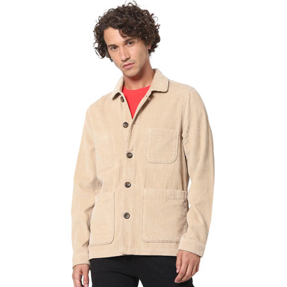 Beige Solid Cotton Jacket