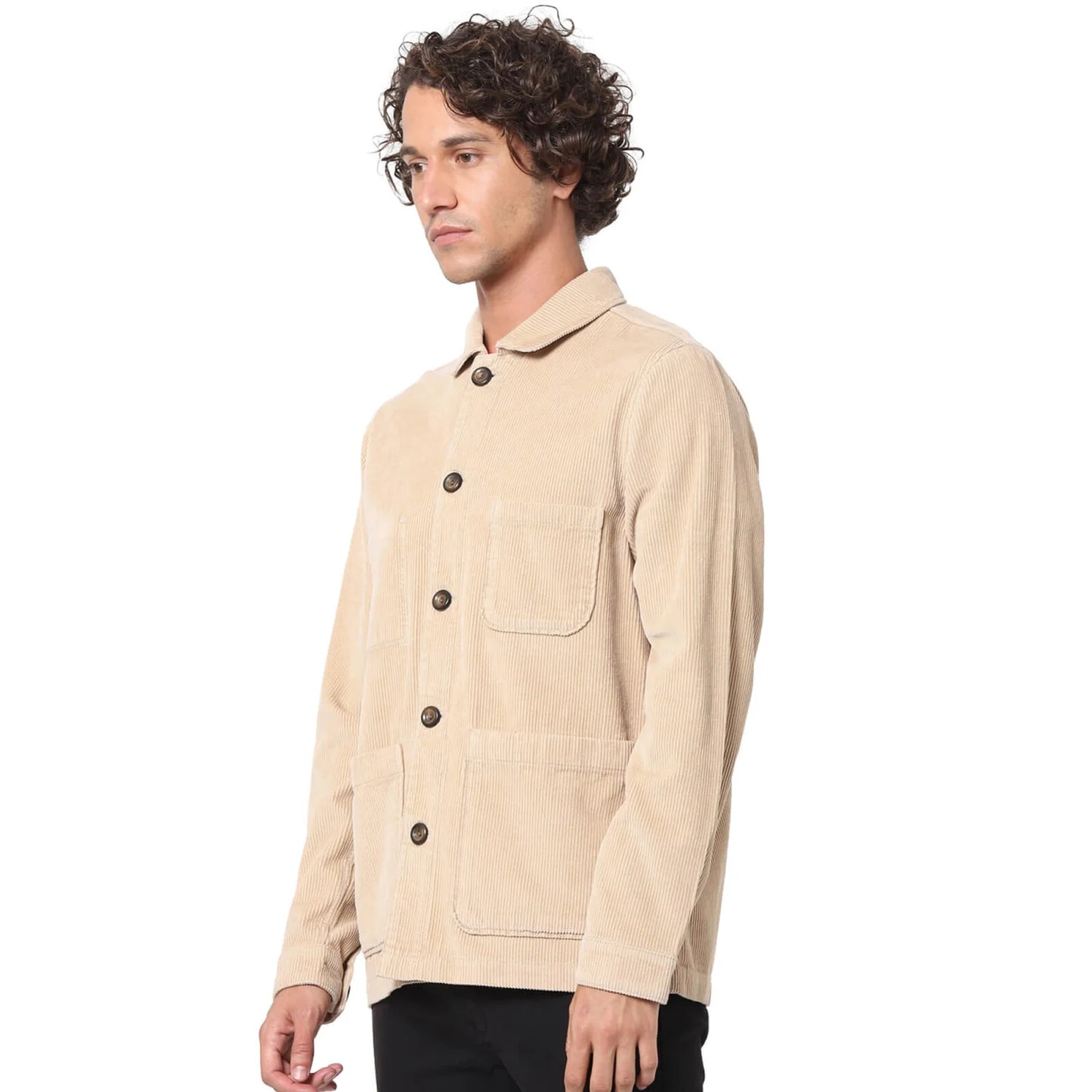 Beige Solid Cotton Jacket