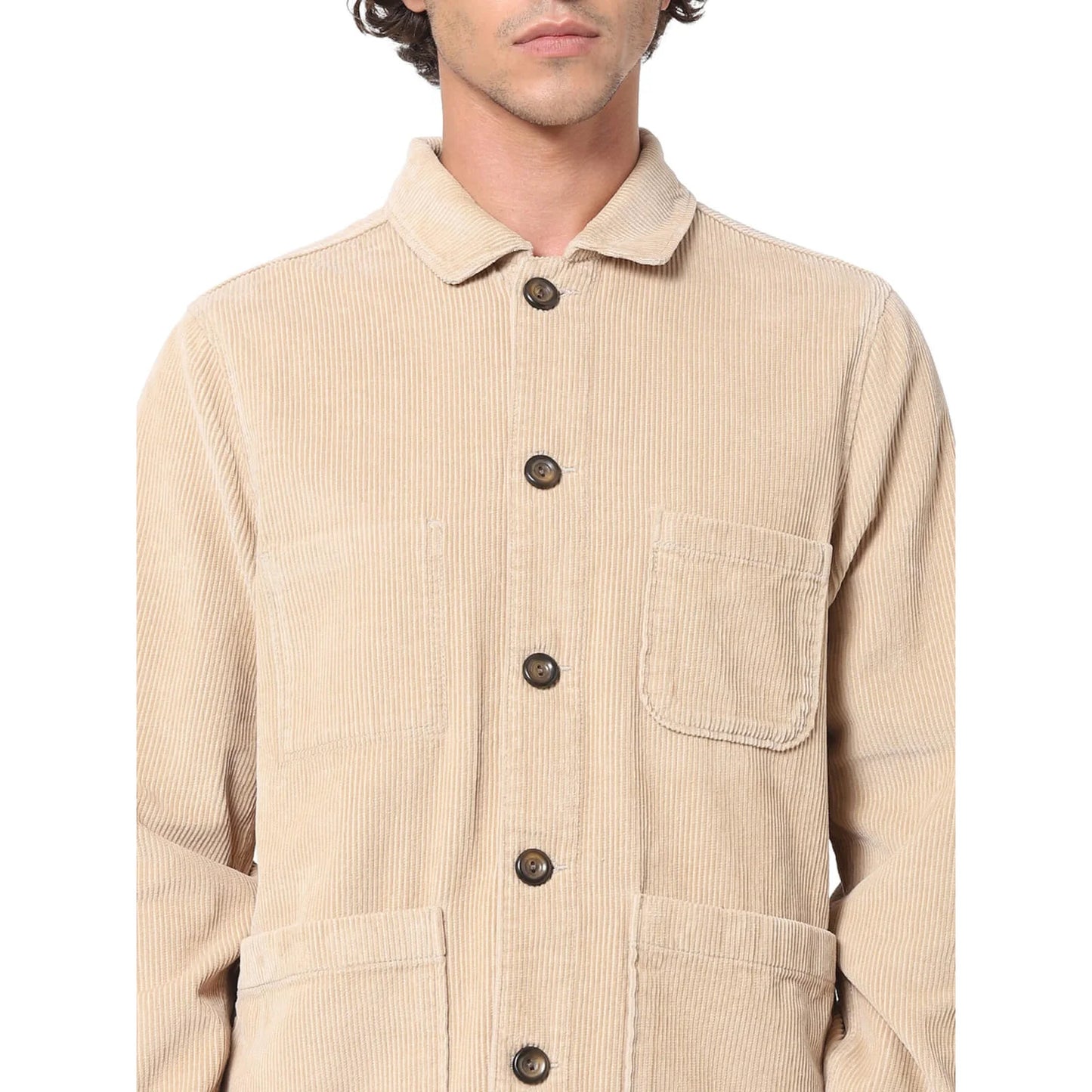 Beige Solid Cotton Jacket