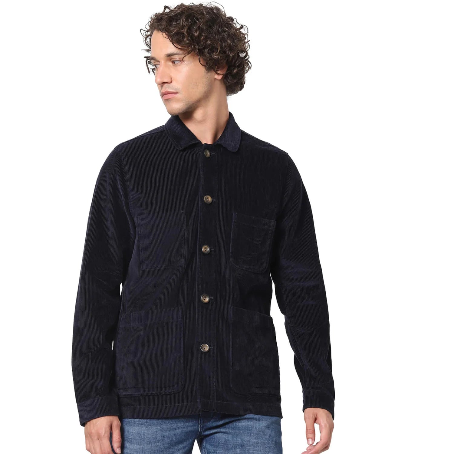 Navy Blue Solid Cotton Jacket