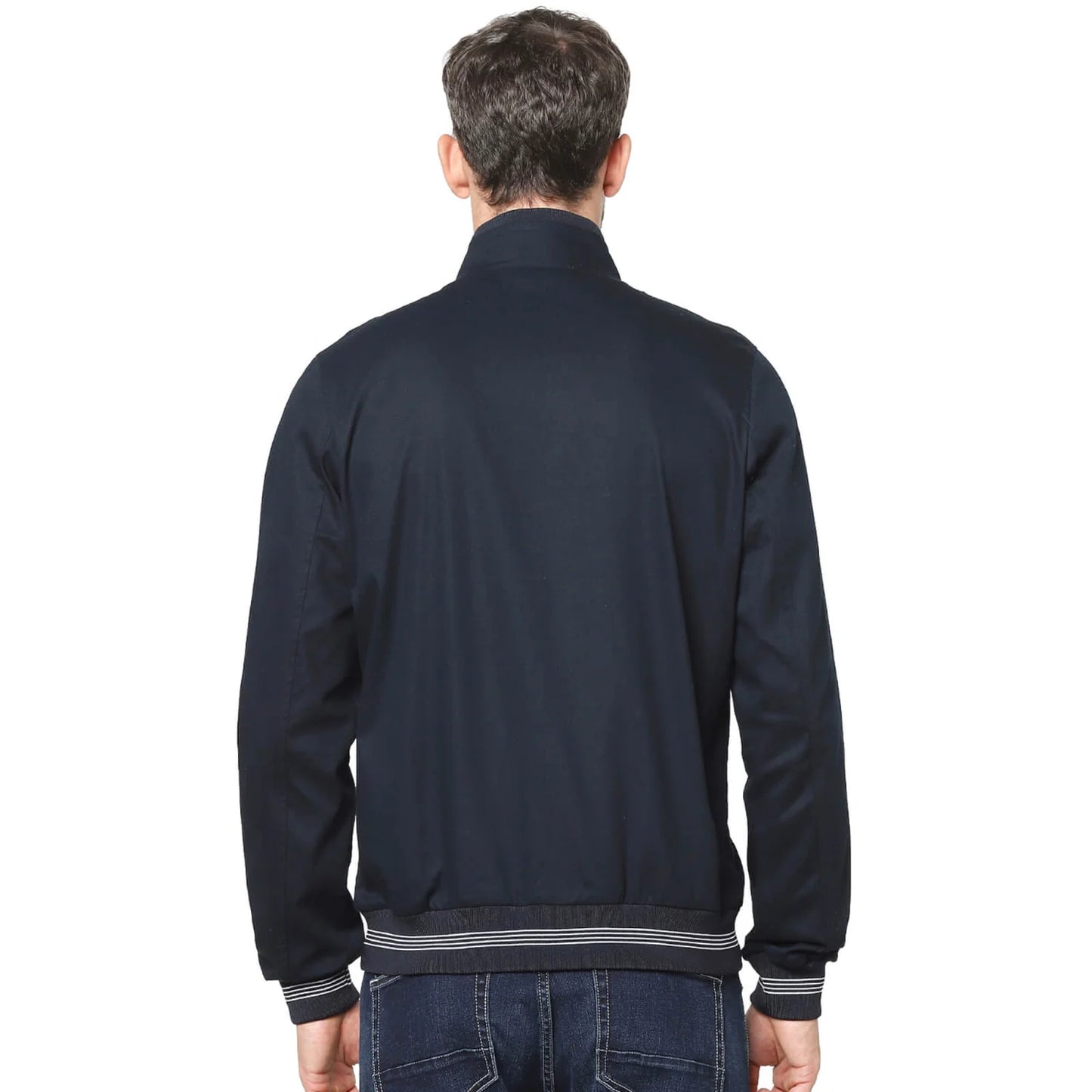 Navy Blue Solid Cotton Blend Jacket