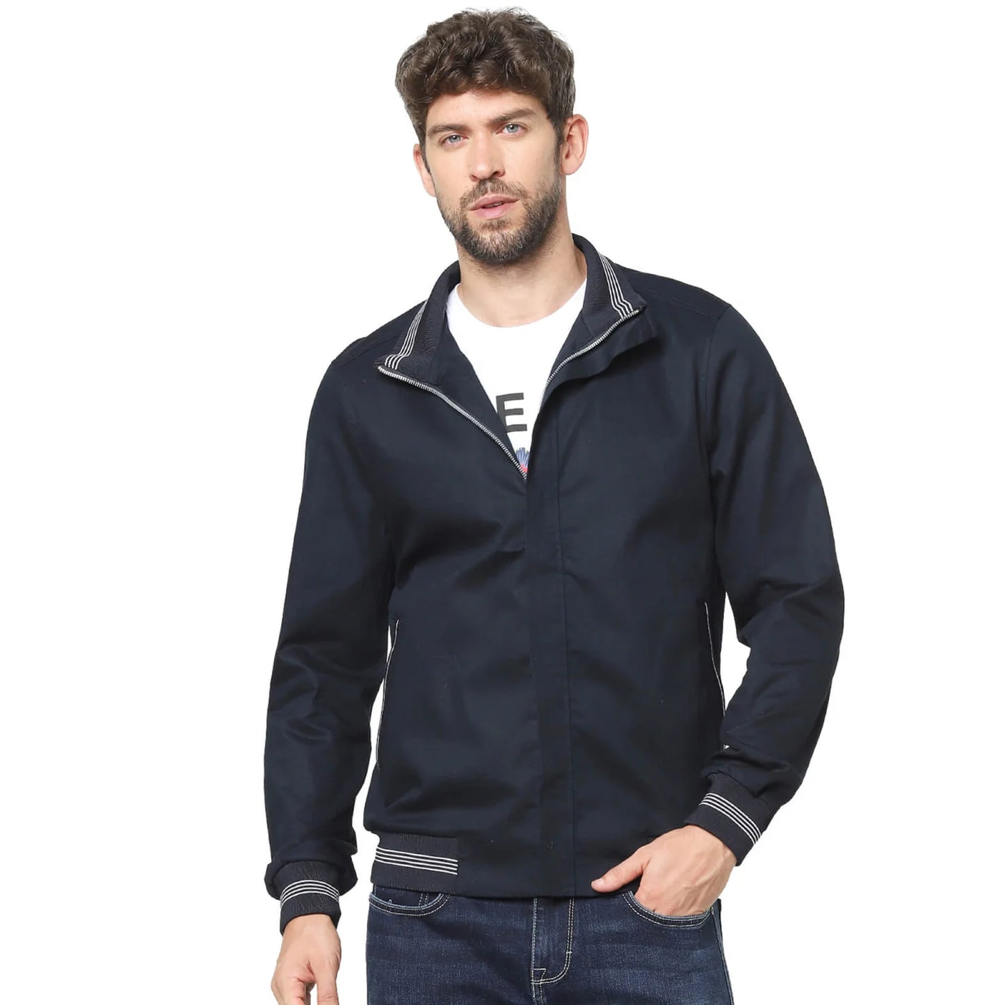 Navy Blue Solid Cotton Blend Jacket