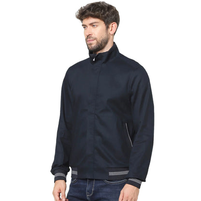 Navy Blue Solid Cotton Blend Jacket