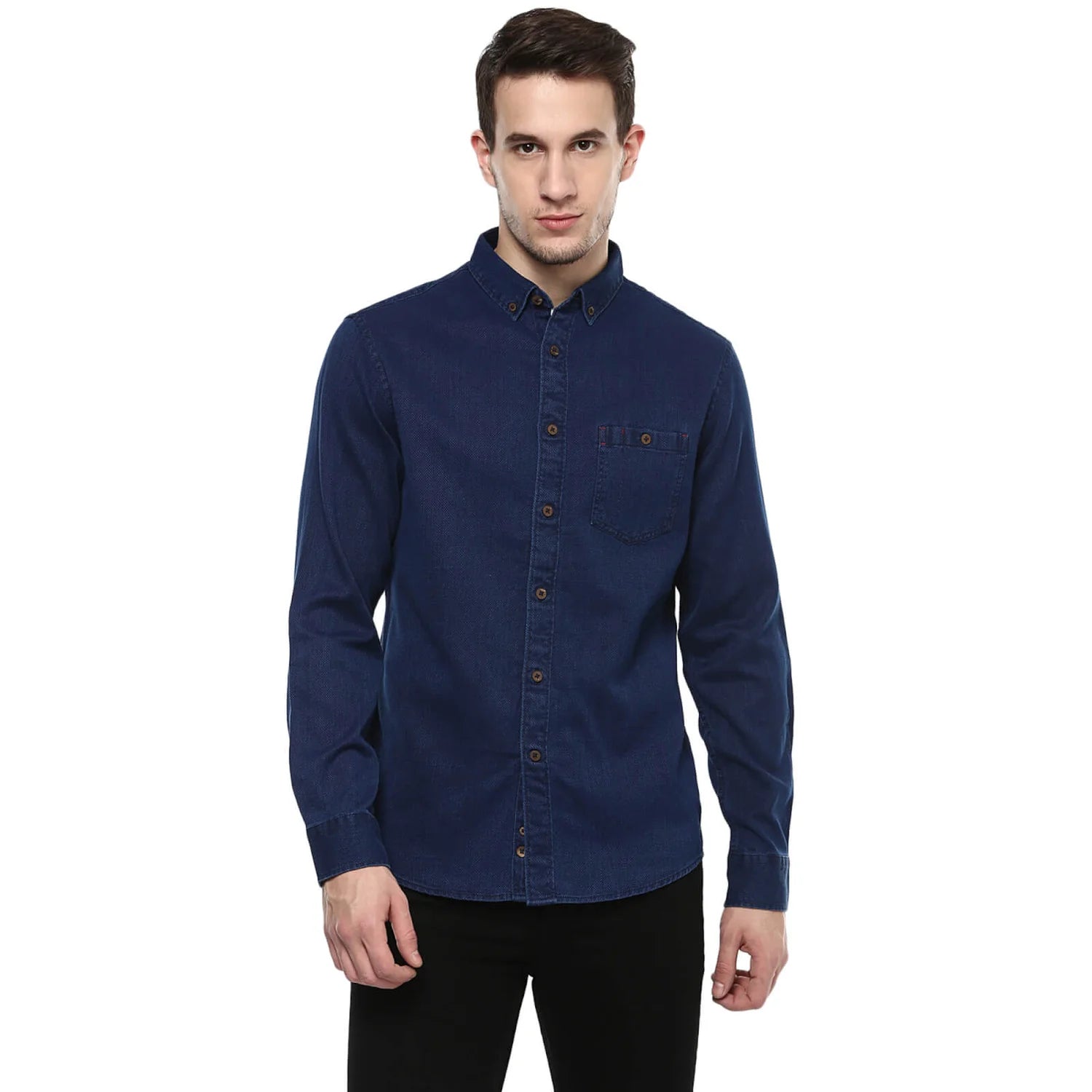 Navy Blue Solid Cotton Shirt