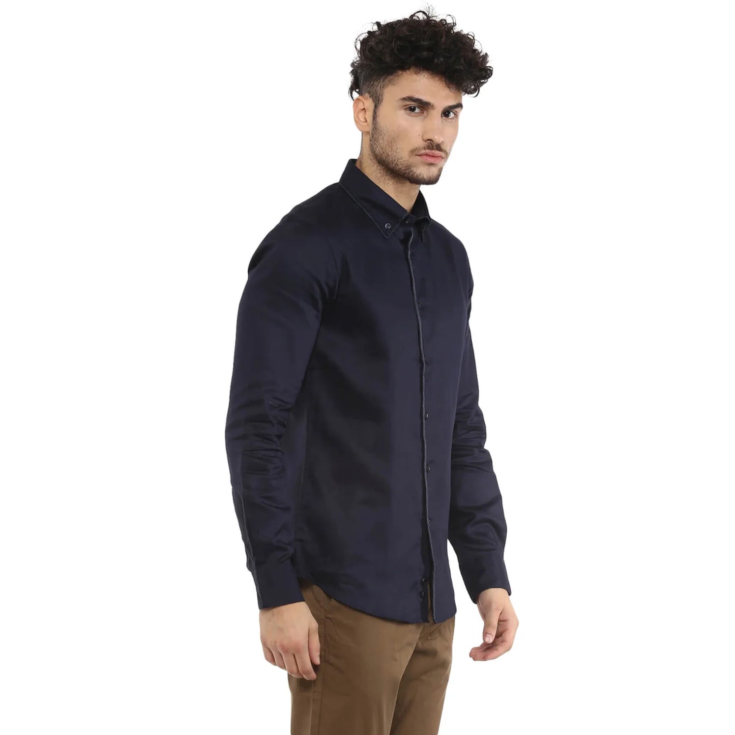 Navy Blue Solid Cotton Shirt