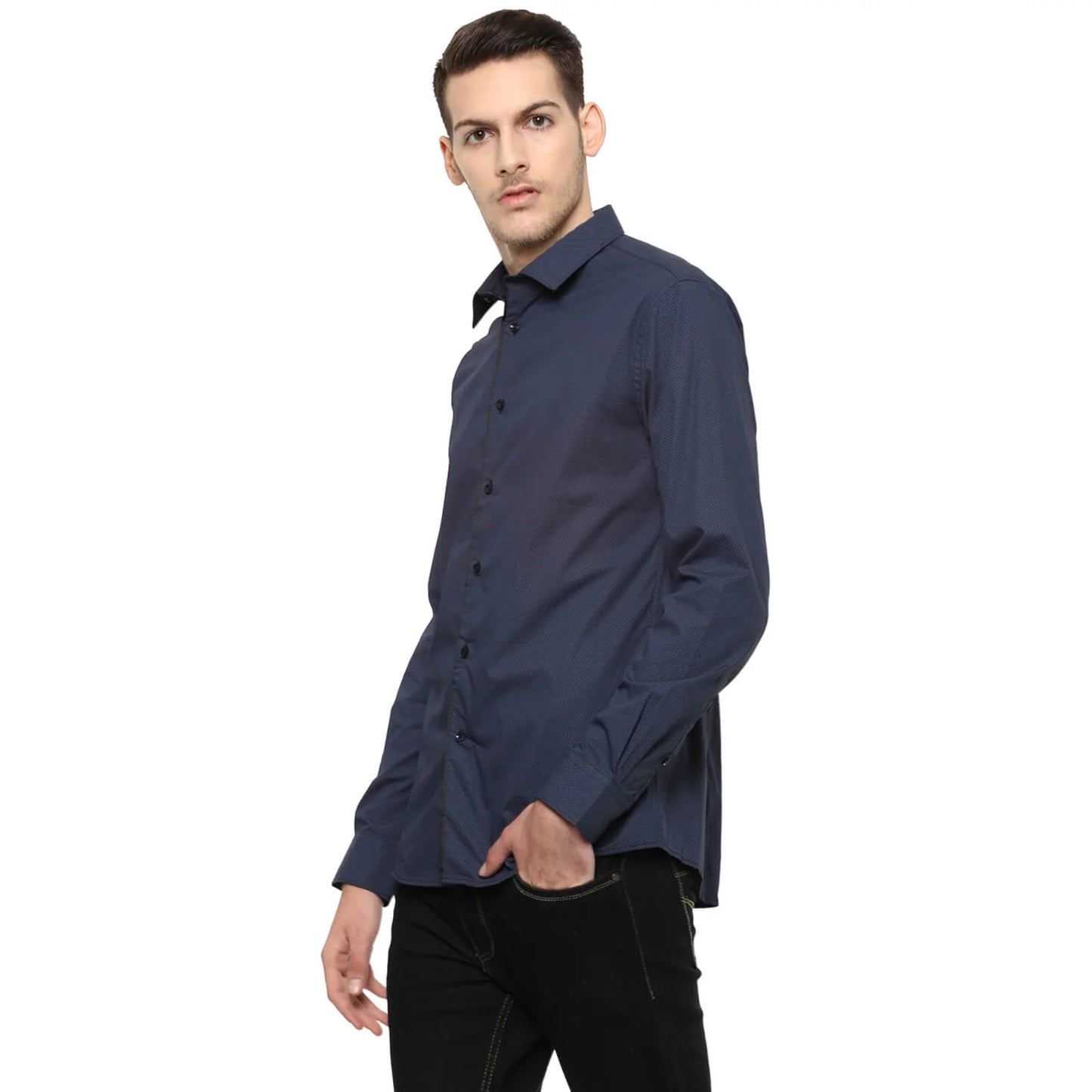 Navy Blue Solid Cotton Shirt