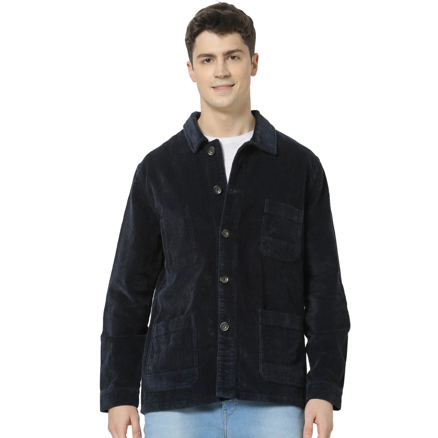 Navy Blue Solid Cotton Jacket