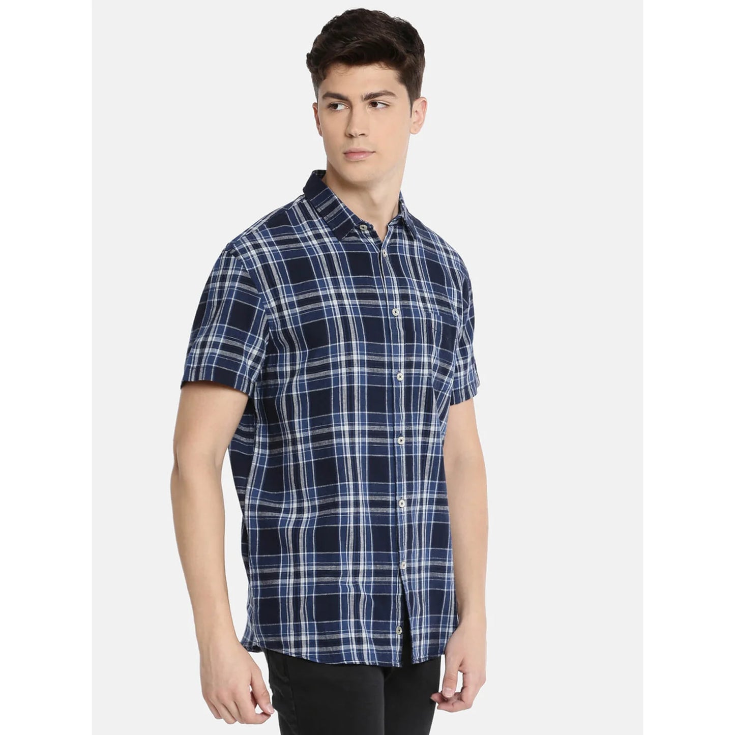 Navy Blue Checks Linen-Blend Shirt