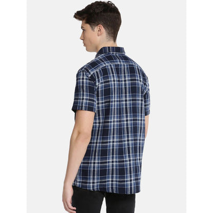 Navy Blue Checks Linen-Blend Shirt