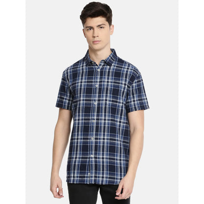 Navy Blue Checks Linen-Blend Shirt