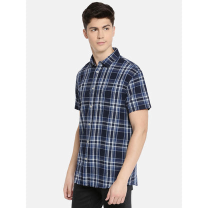 Navy Blue Checks Linen-Blend Shirt