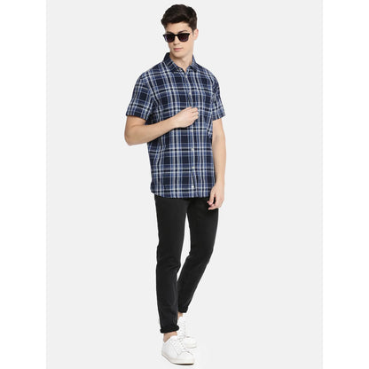 Navy Blue Checks Linen-Blend Shirt