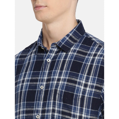 Navy Blue Checks Linen-Blend Shirt