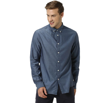 Navy Blue Solid Cotton Blend Shirt