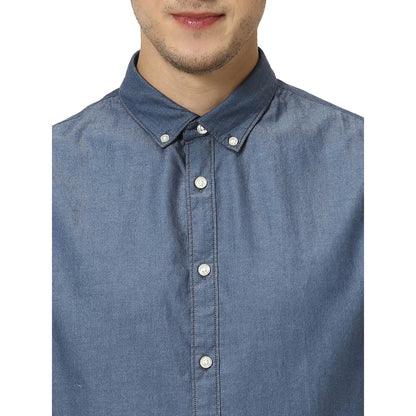 Navy Blue Solid Cotton Blend Shirt