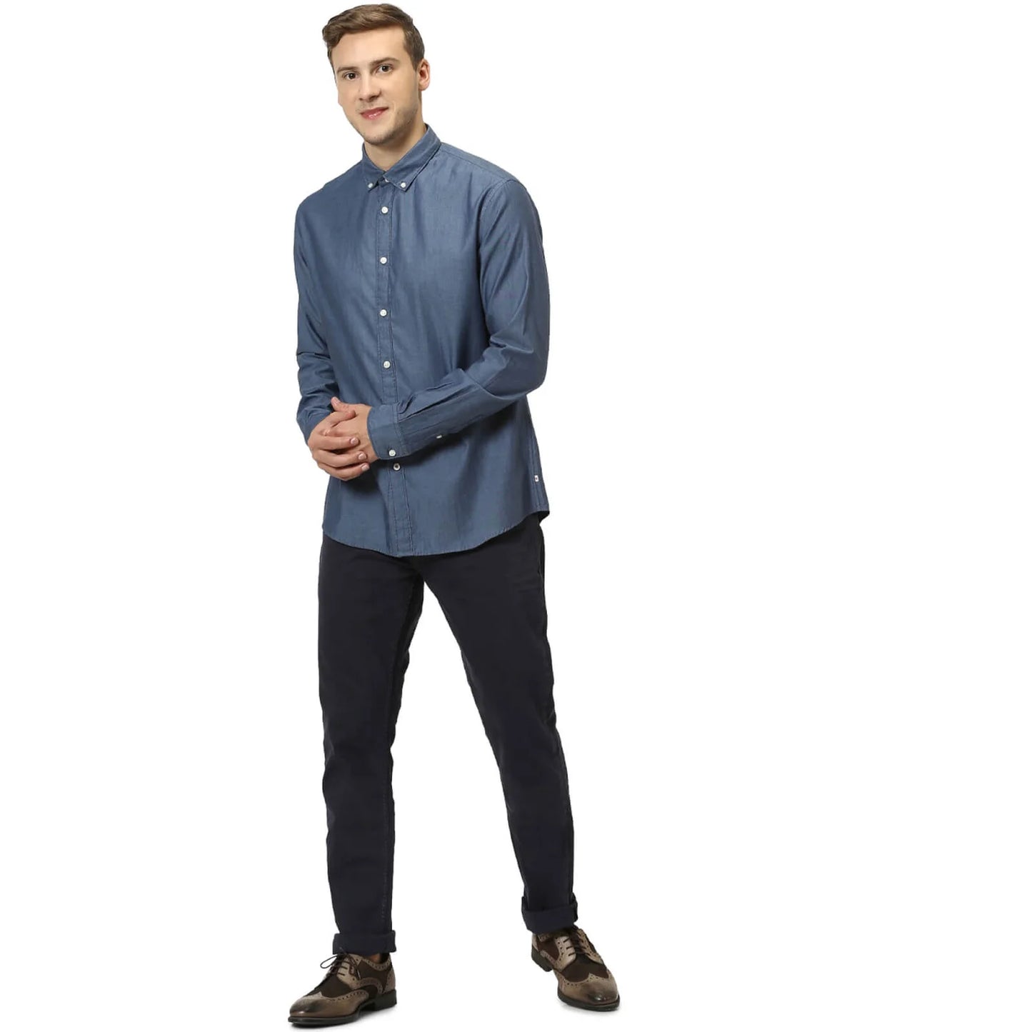 Navy Blue Solid Cotton Blend Shirt