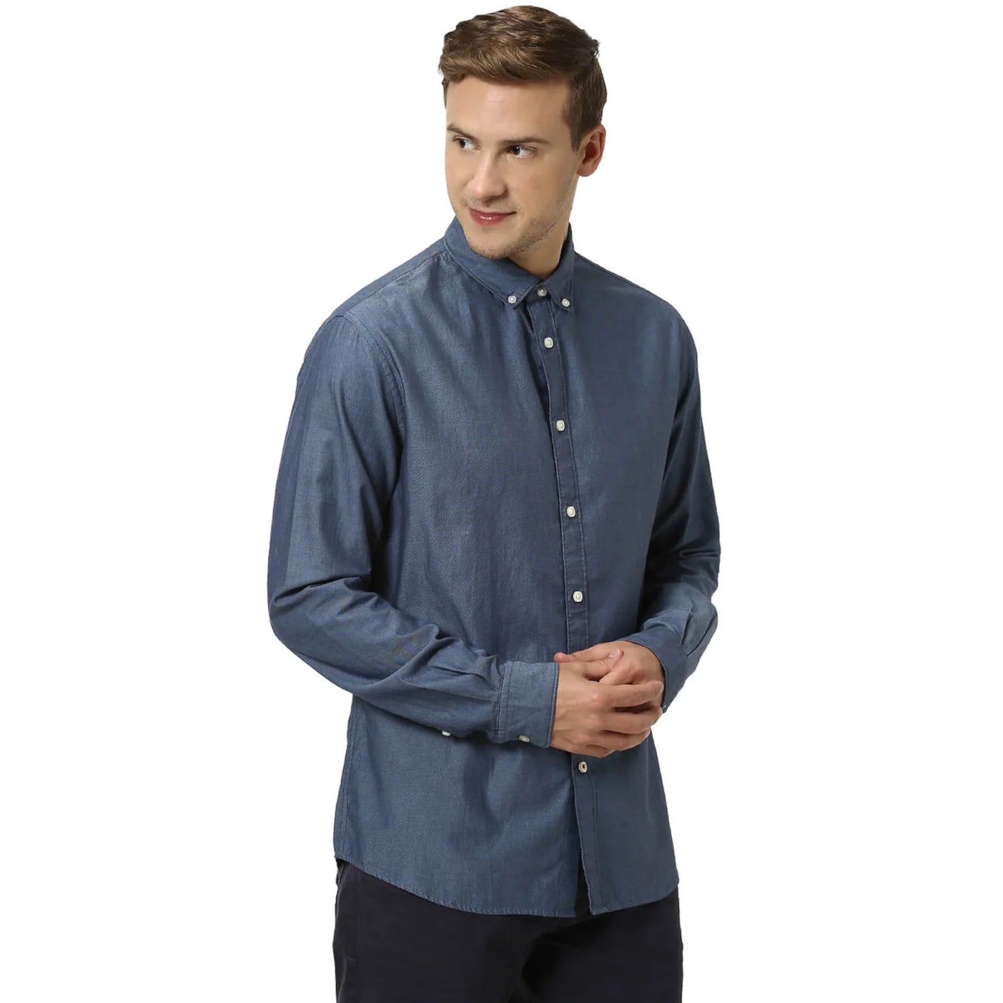 Navy Blue Solid Cotton Blend Shirt