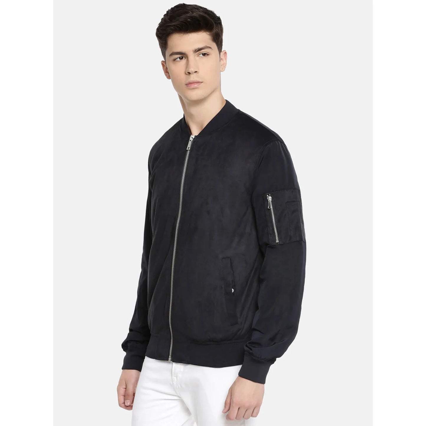 Navy Blue Solid Polyester Jacket