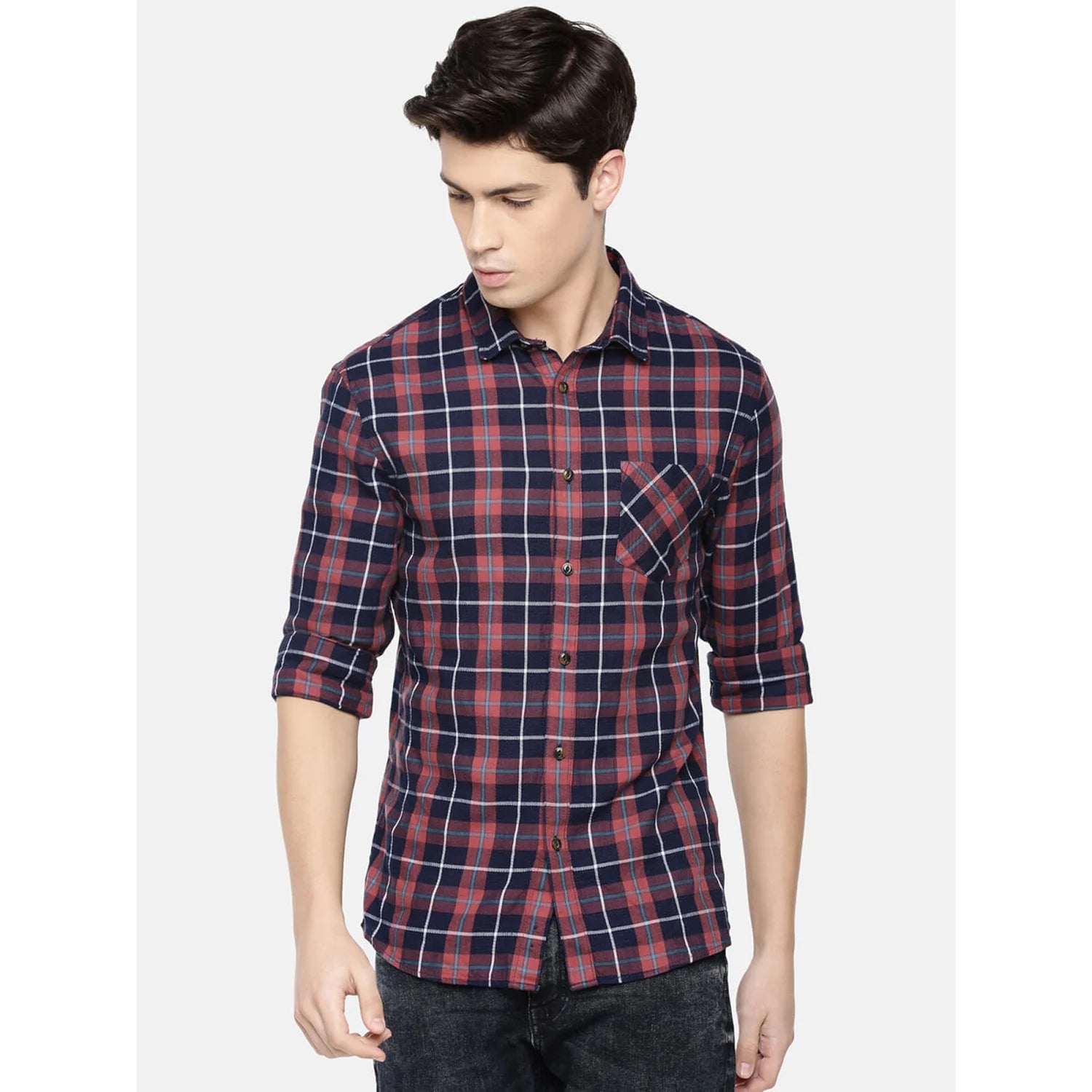 Navy Blue Checks Cotton Shirt