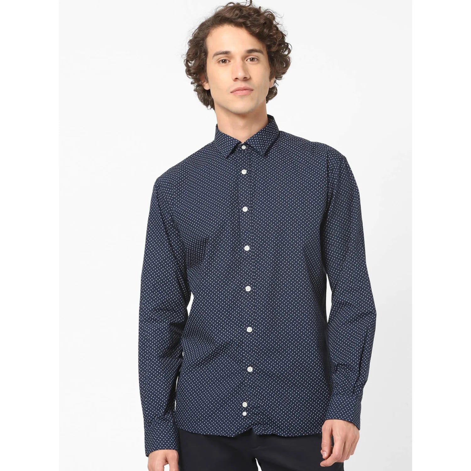 Navy Blue Printed Cotton Shirt