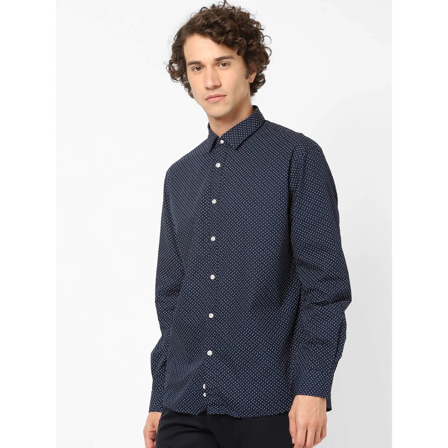 Navy Blue Printed Cotton Shirt