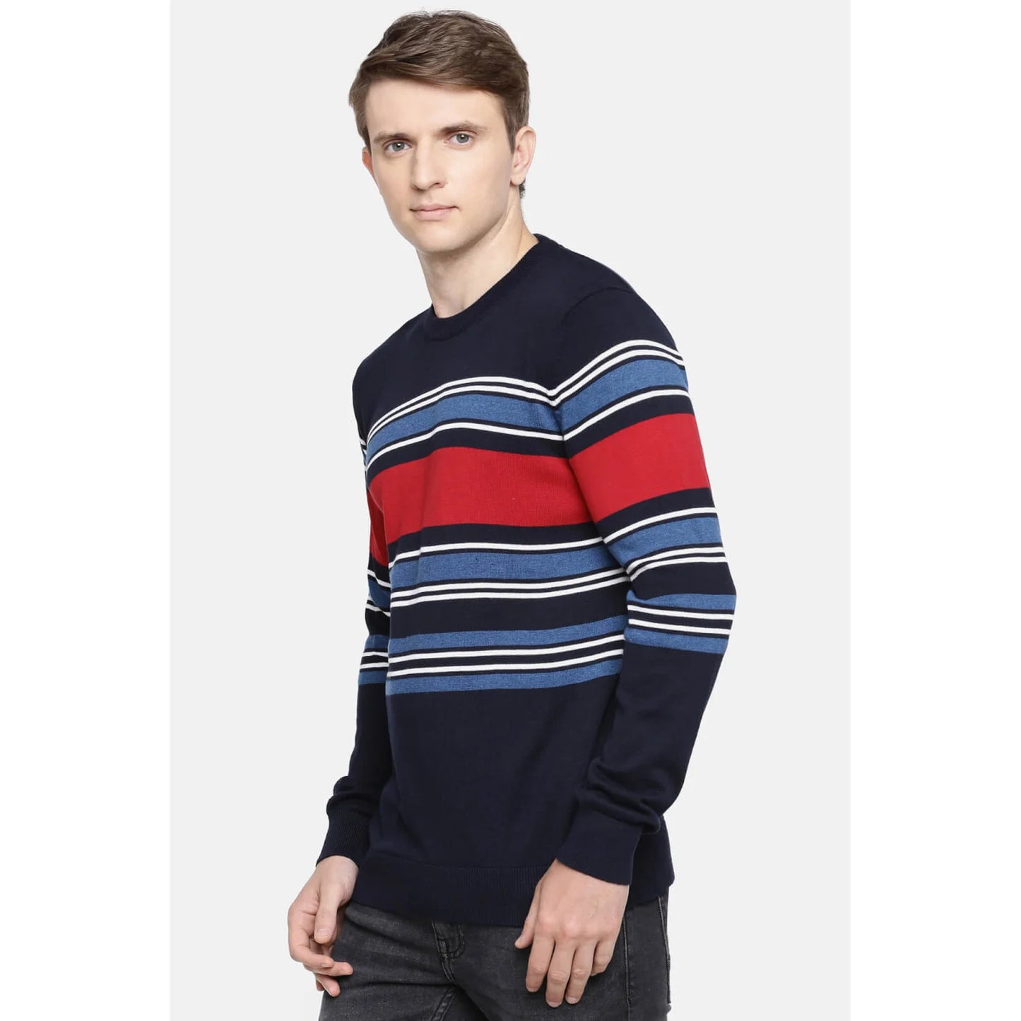 Navy Blue Striped Cotton Sweater