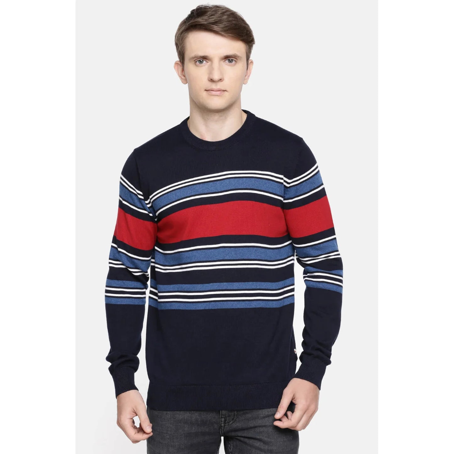 Navy Blue Striped Cotton Sweater