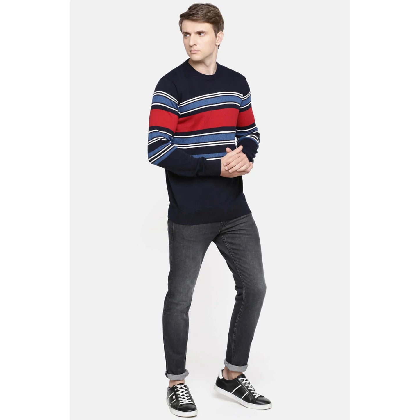 Navy Blue Striped Cotton Sweater