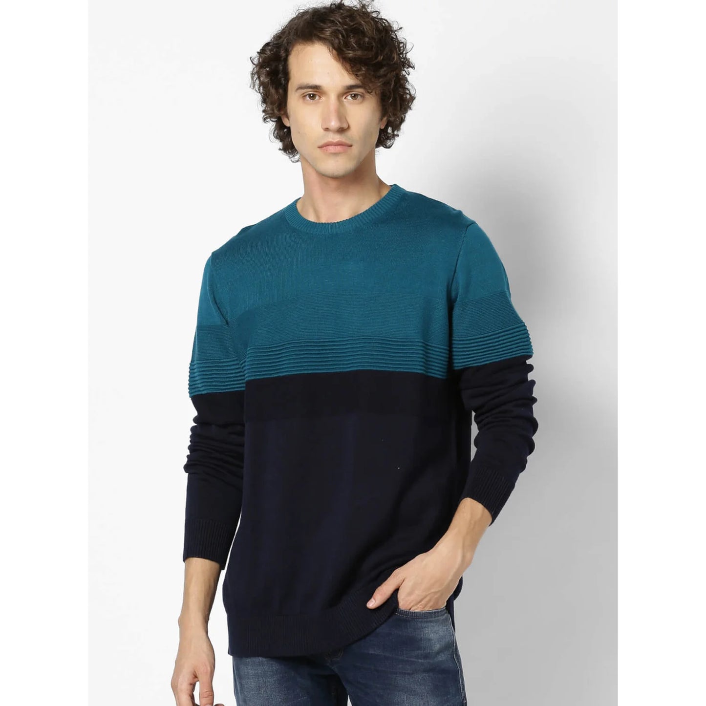 Navy Blue Colourblock Cotton Sweater