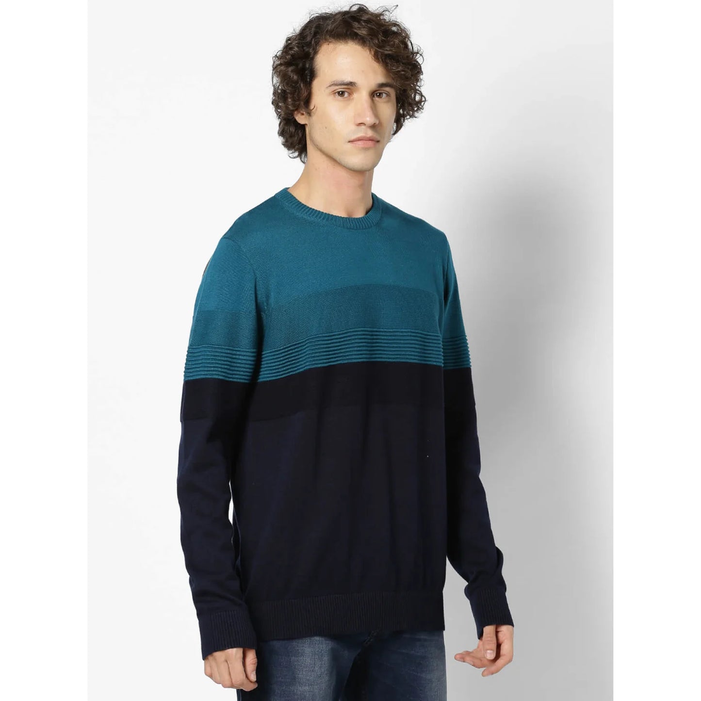 Navy Blue Colourblock Cotton Sweater