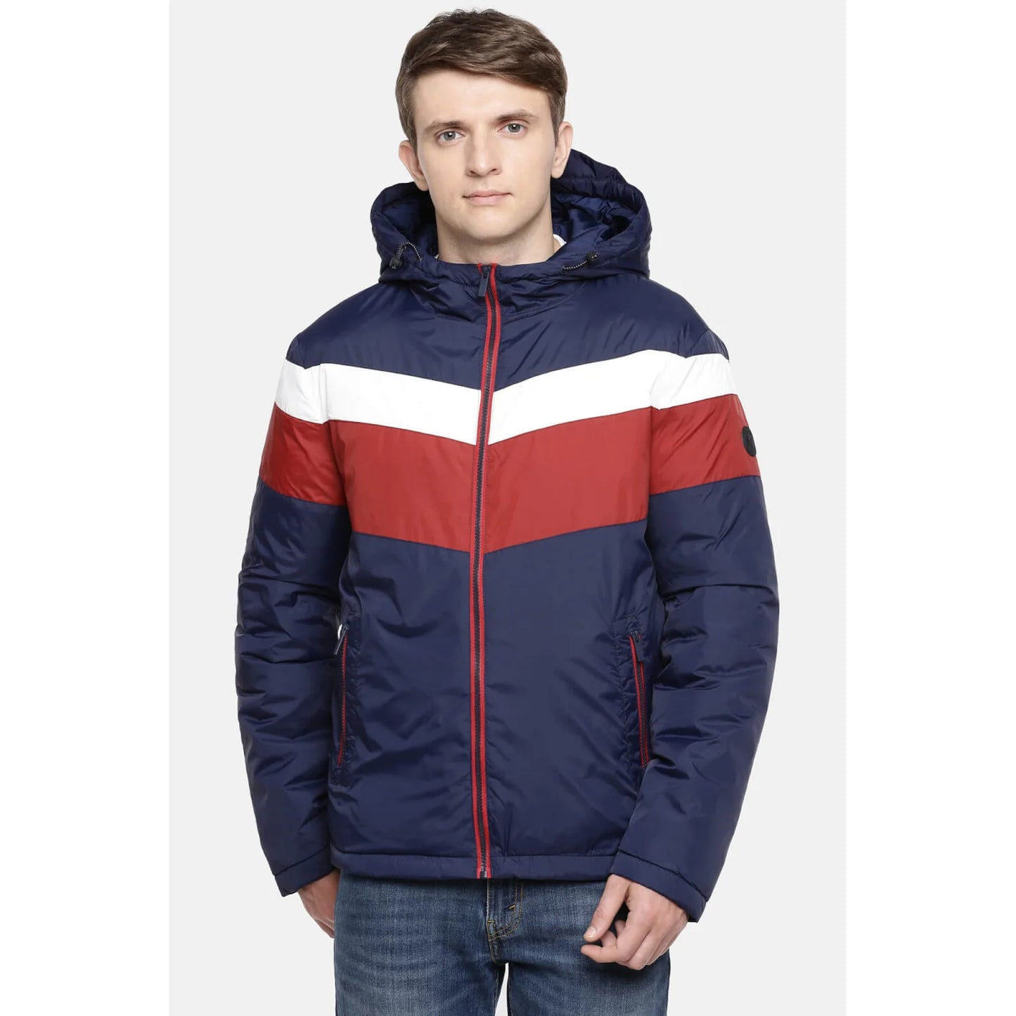 Navy Blue Colourblock Polyester Jacket