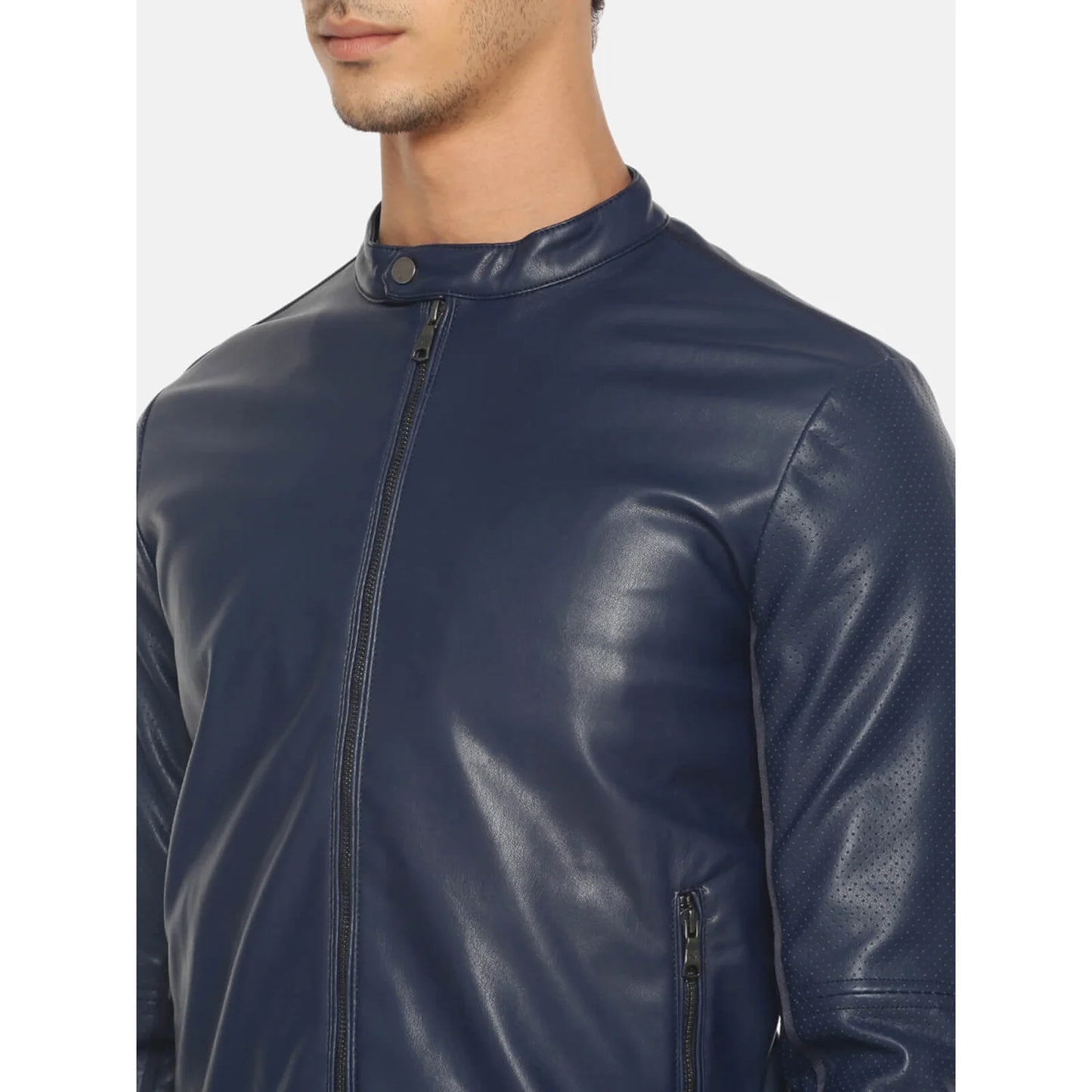 Navy Blue Solid Pu Jacket