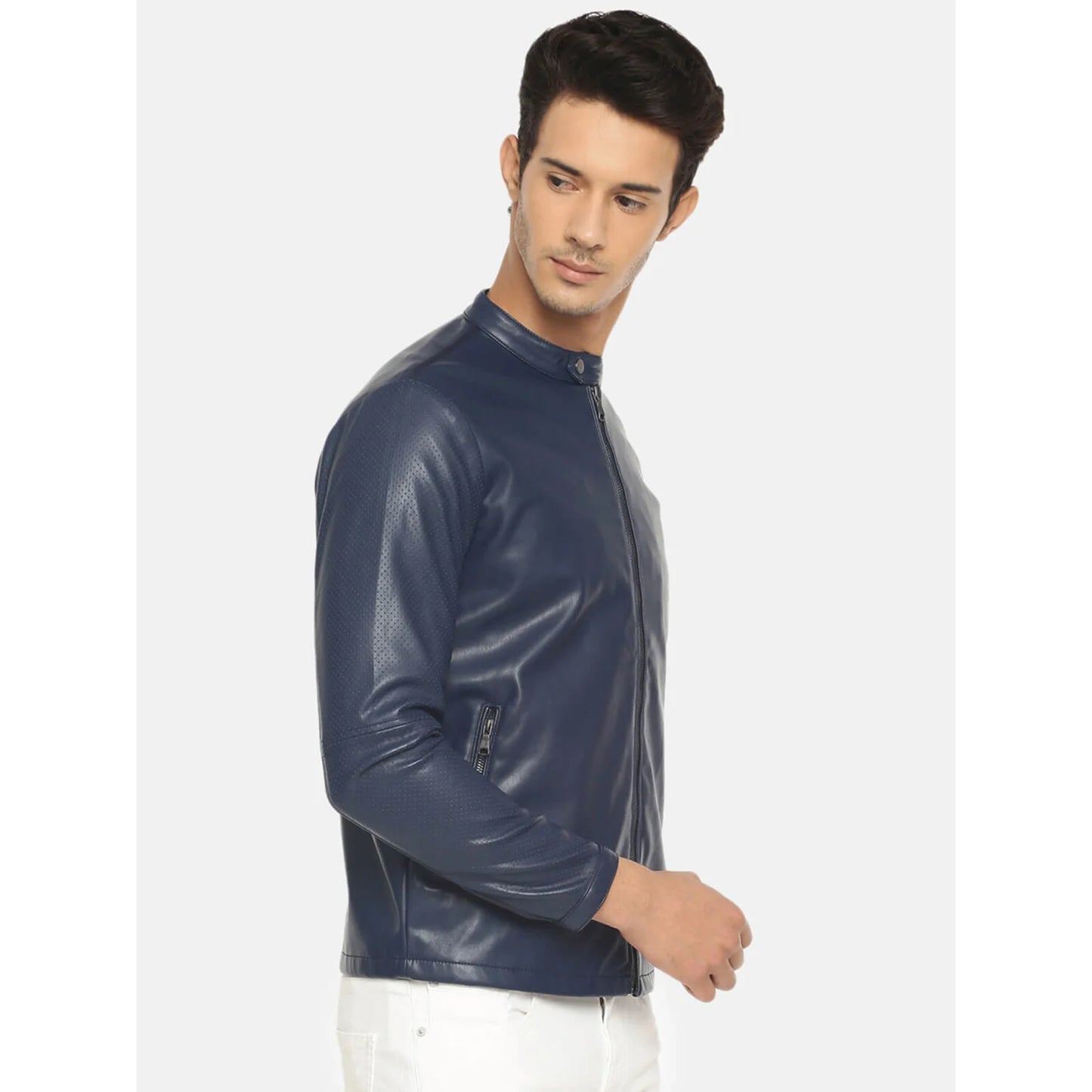 Navy Blue Solid Pu Jacket