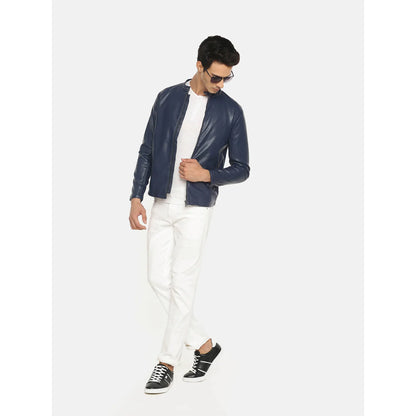 Navy Blue Solid Pu Jacket