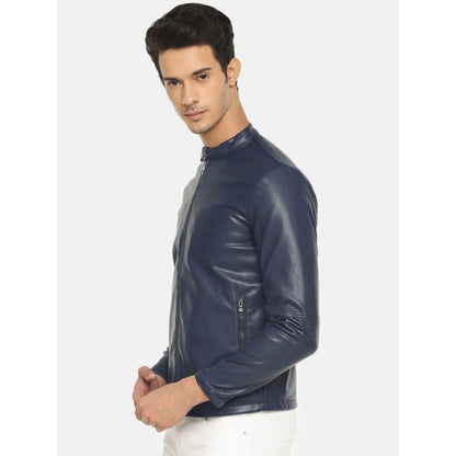 Navy Blue Solid Pu Jacket