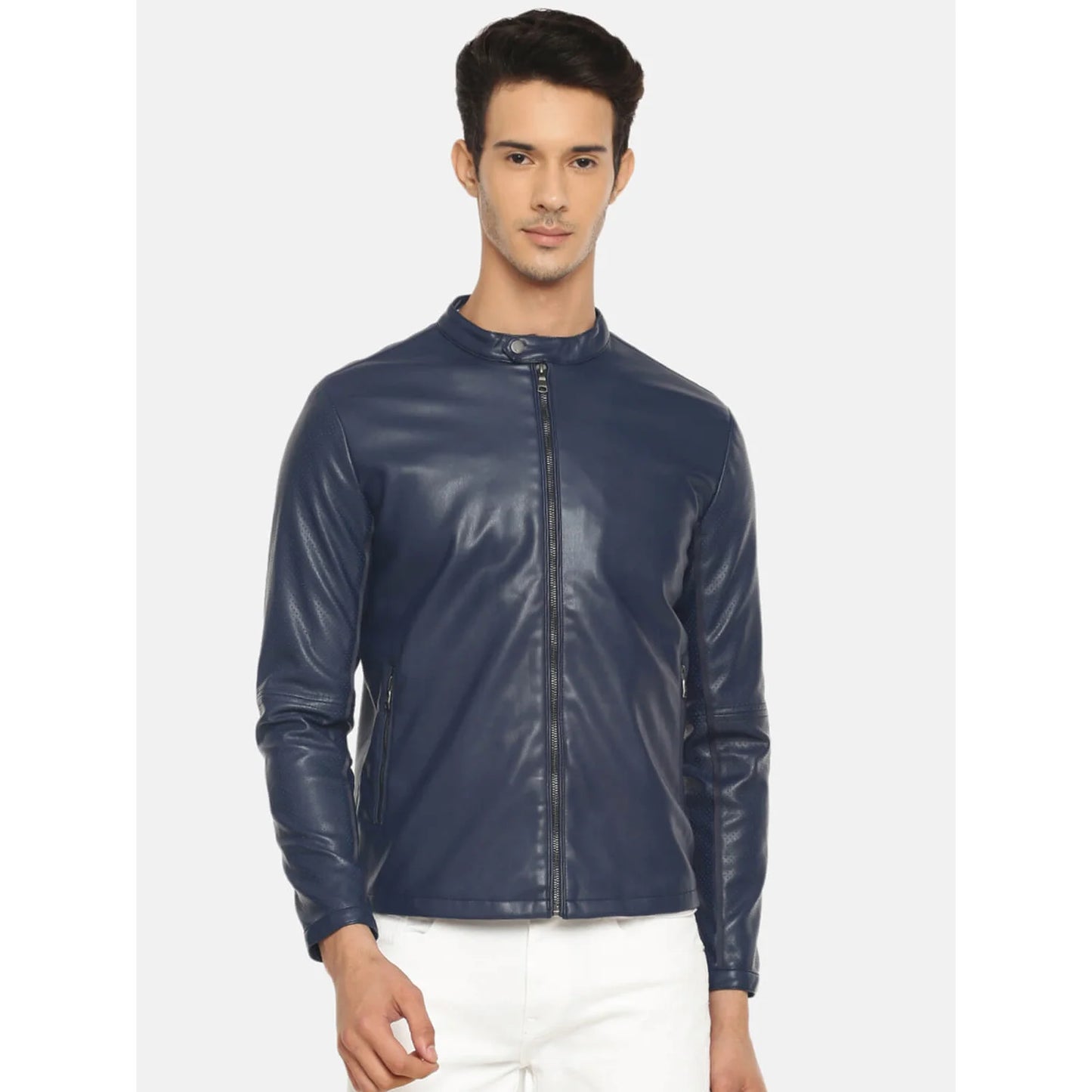 Navy Blue Solid Pu Jacket