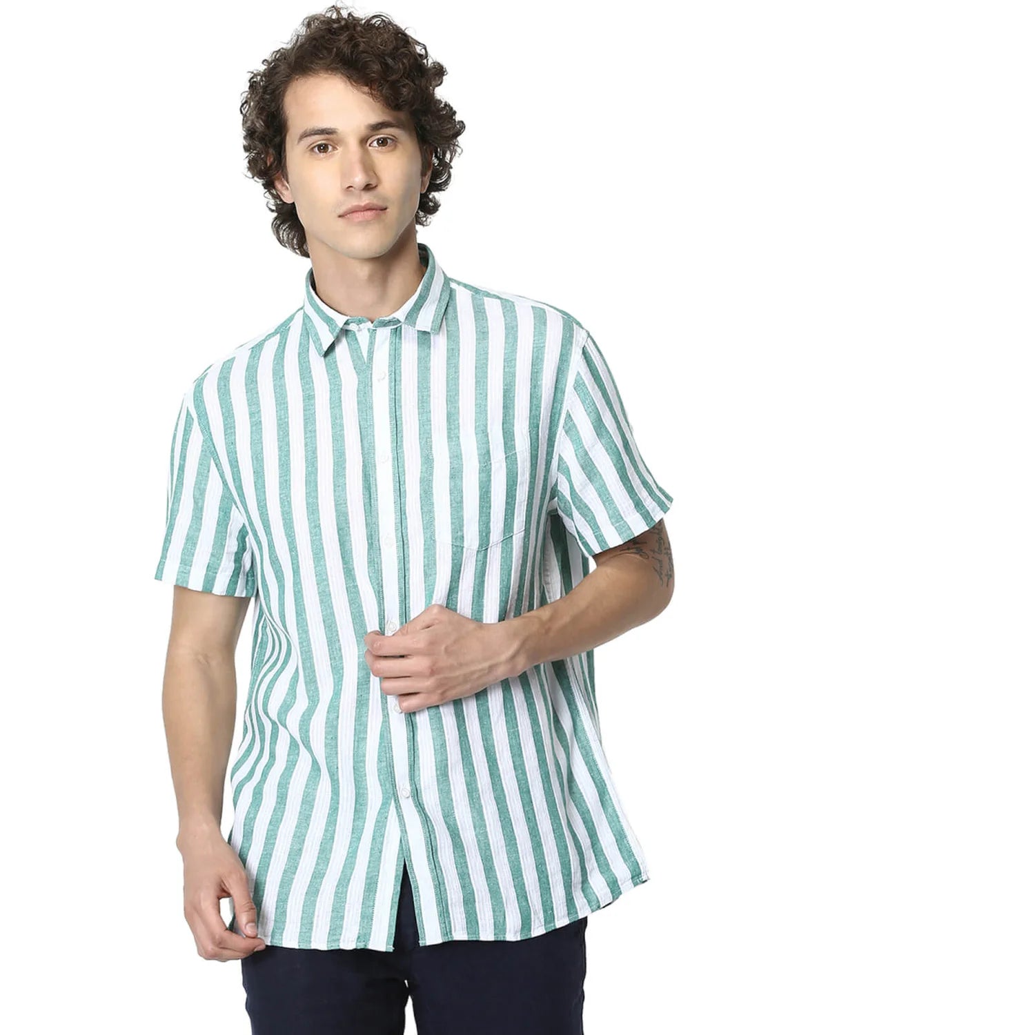 Green Striped Linen-Blend Shirt