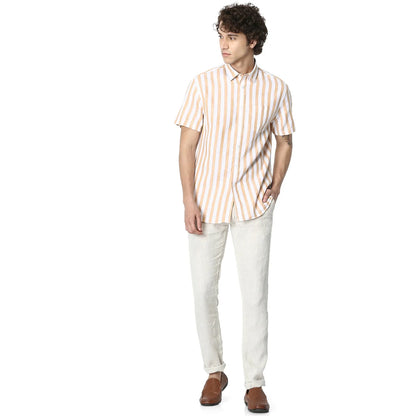 Beige Striped Linen-Blend Shirt