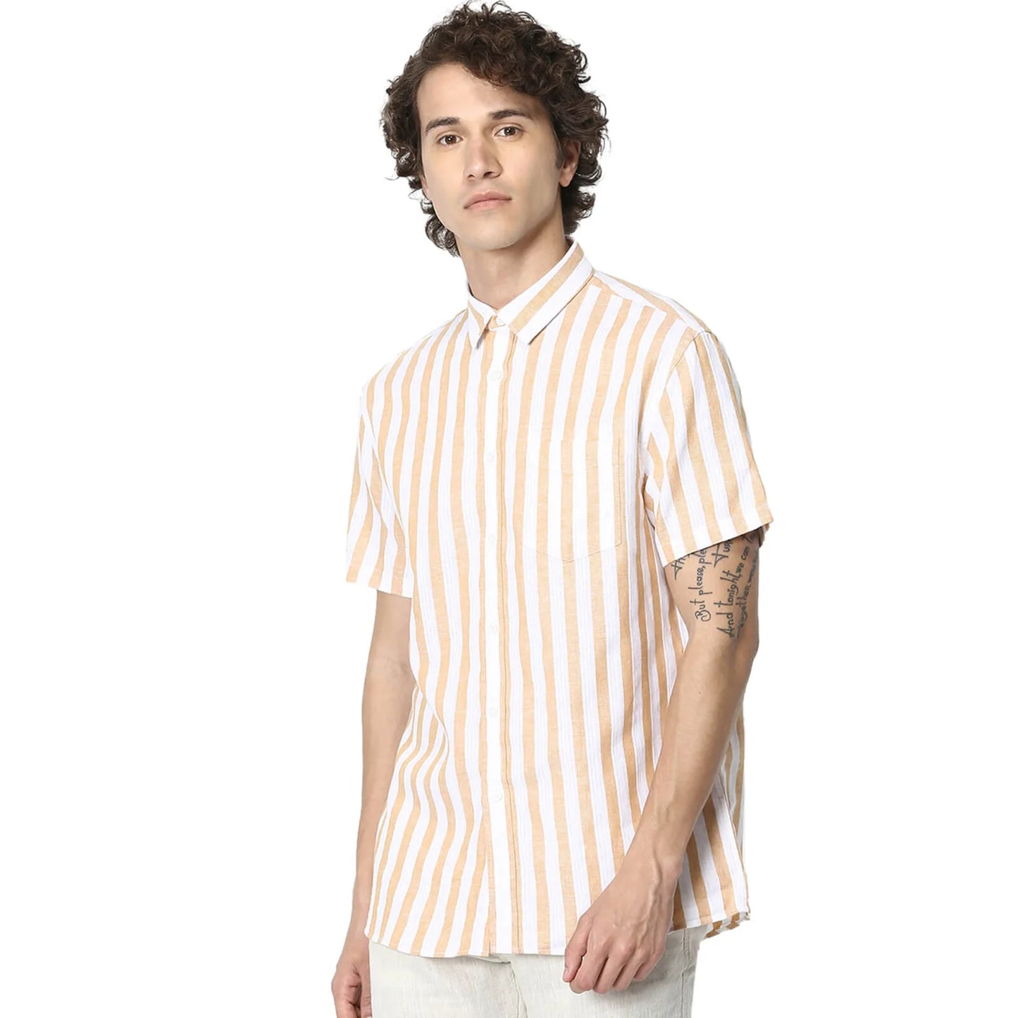 Beige Striped Linen-Blend Shirt