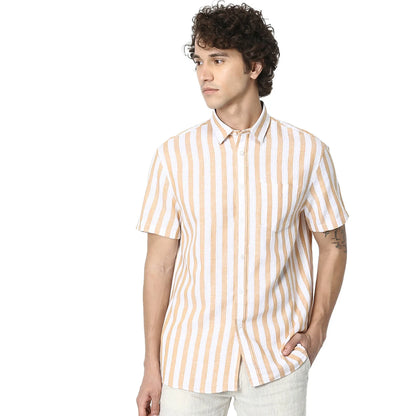 Beige Striped Linen-Blend Shirt