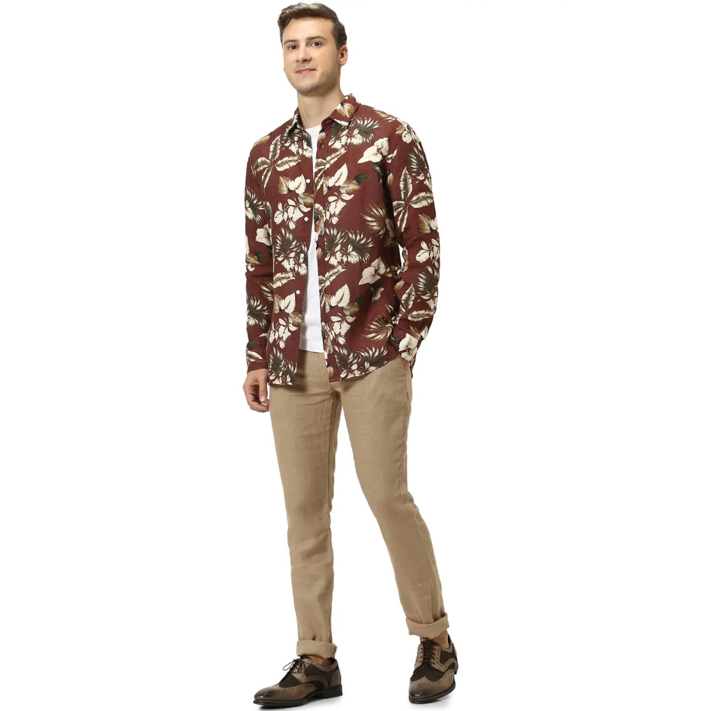 Burgundy Printed Linen Shirt