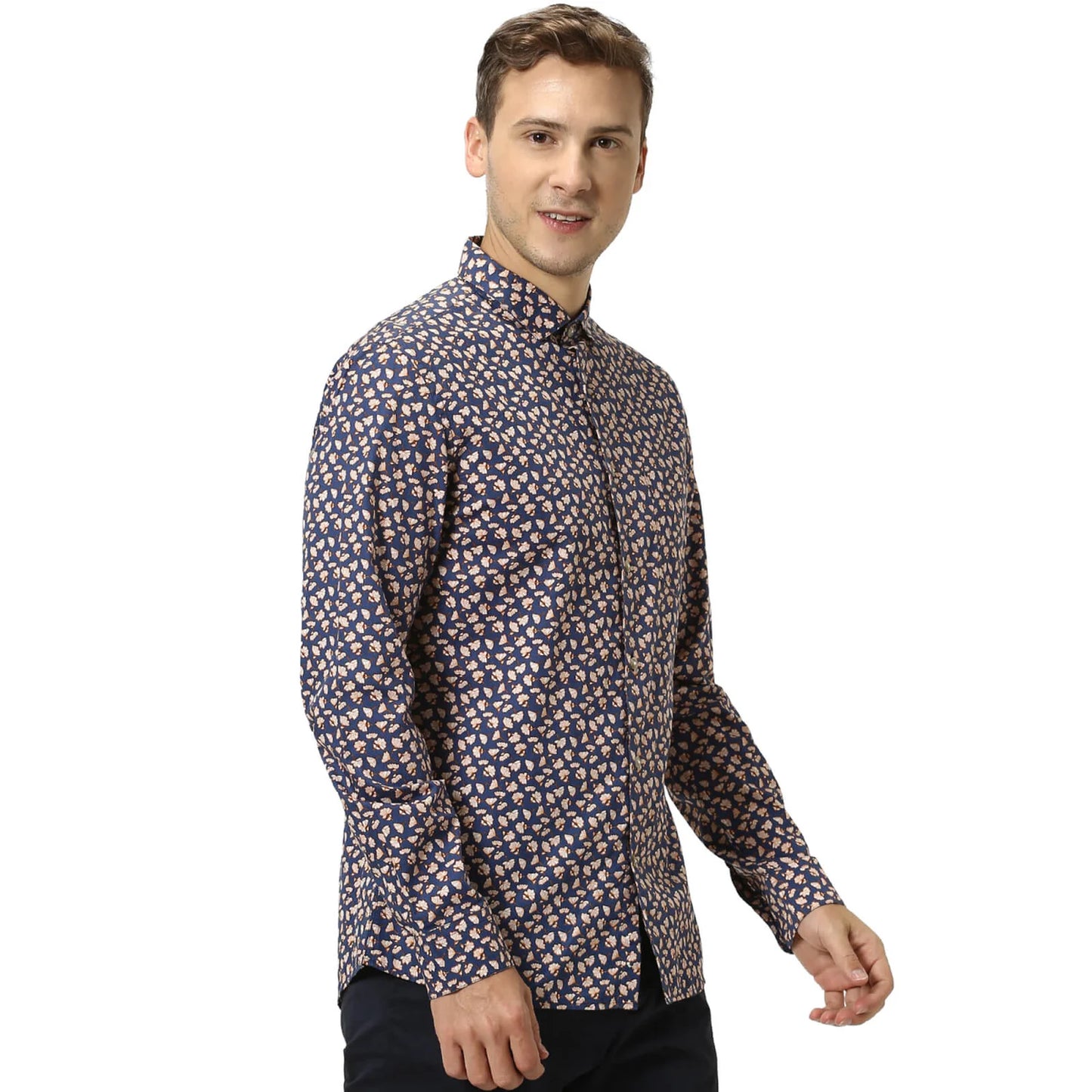 Navy Blue Floral Cotton Shirt