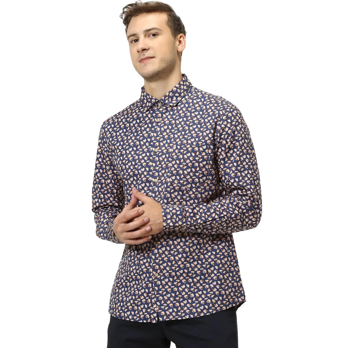 Navy Blue Floral Cotton Shirt