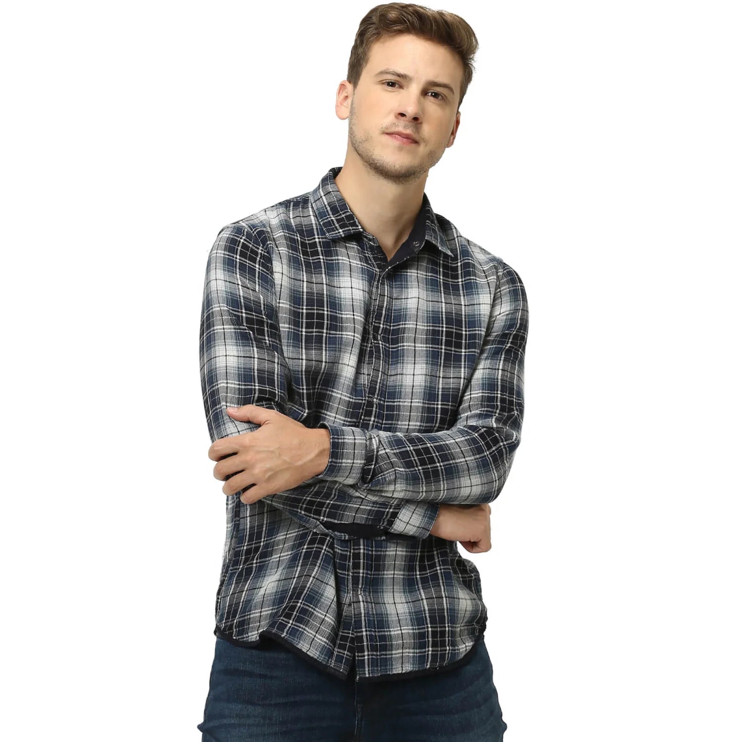 Navy Blue Checks Cotton Shirt