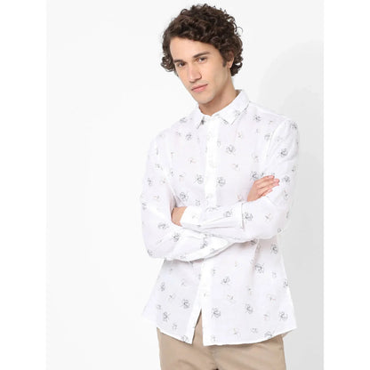 White Printed Linen-Blend Shirt