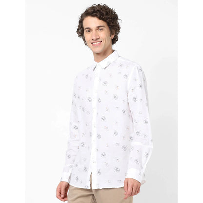 White Printed Linen-Blend Shirt