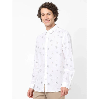 White Printed Linen-Blend Shirt