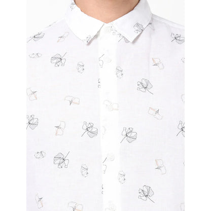 White Printed Linen-Blend Shirt