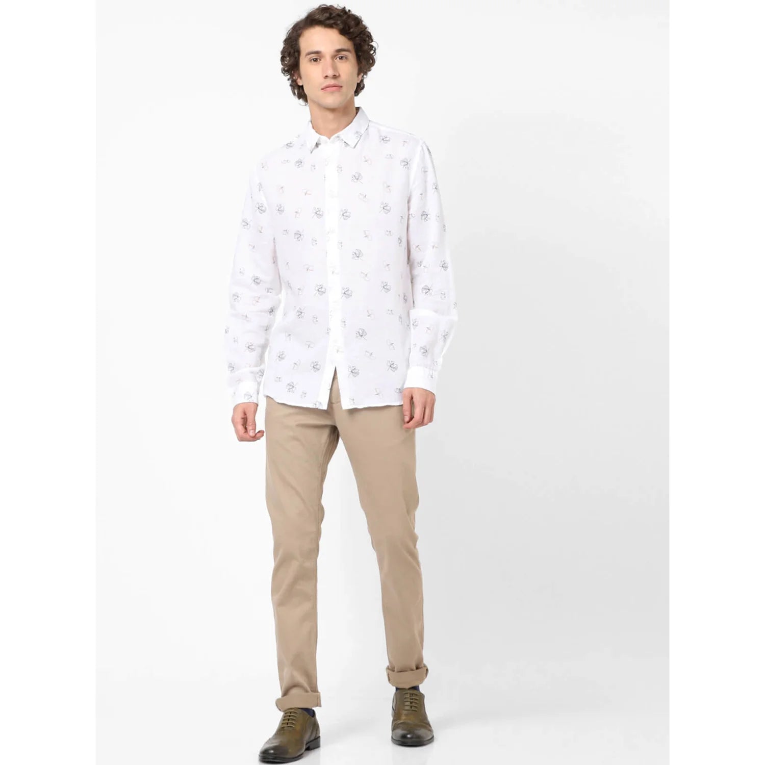 White Printed Linen-Blend Shirt