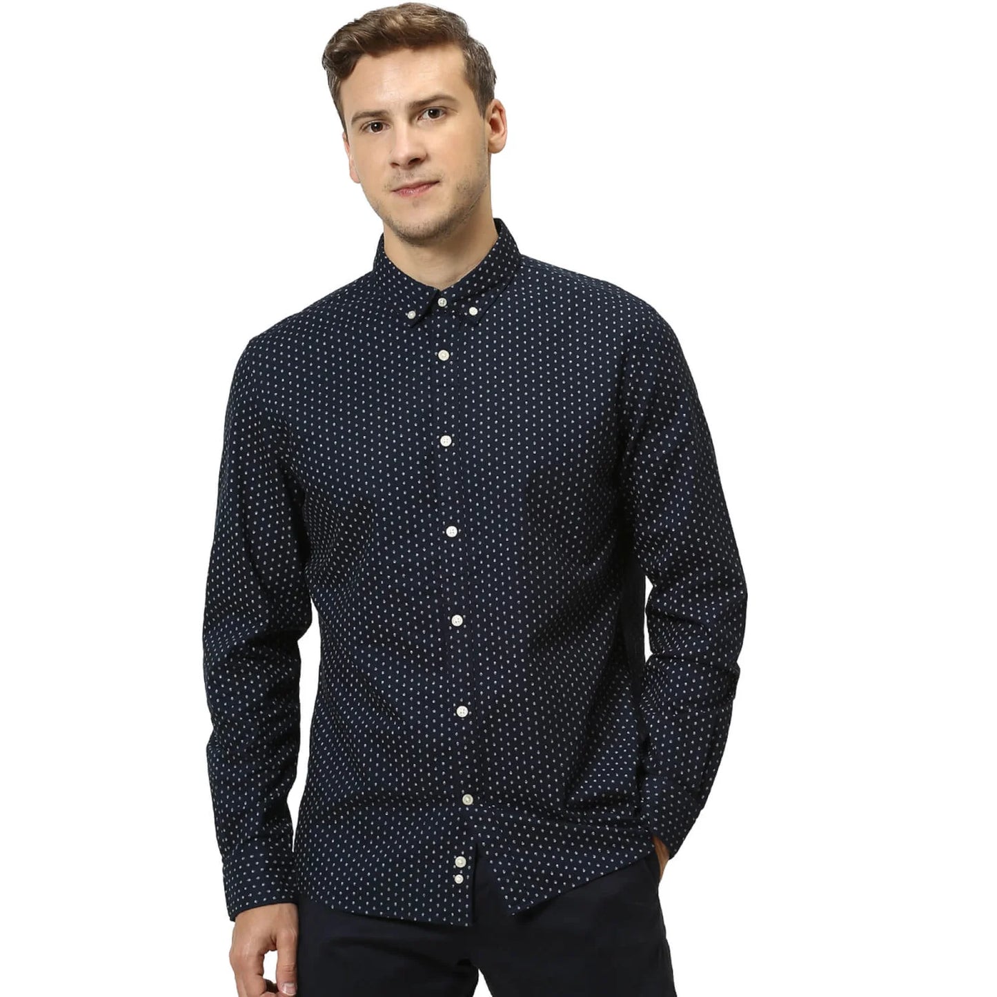 Navy Blue Printed Cotton Shirt